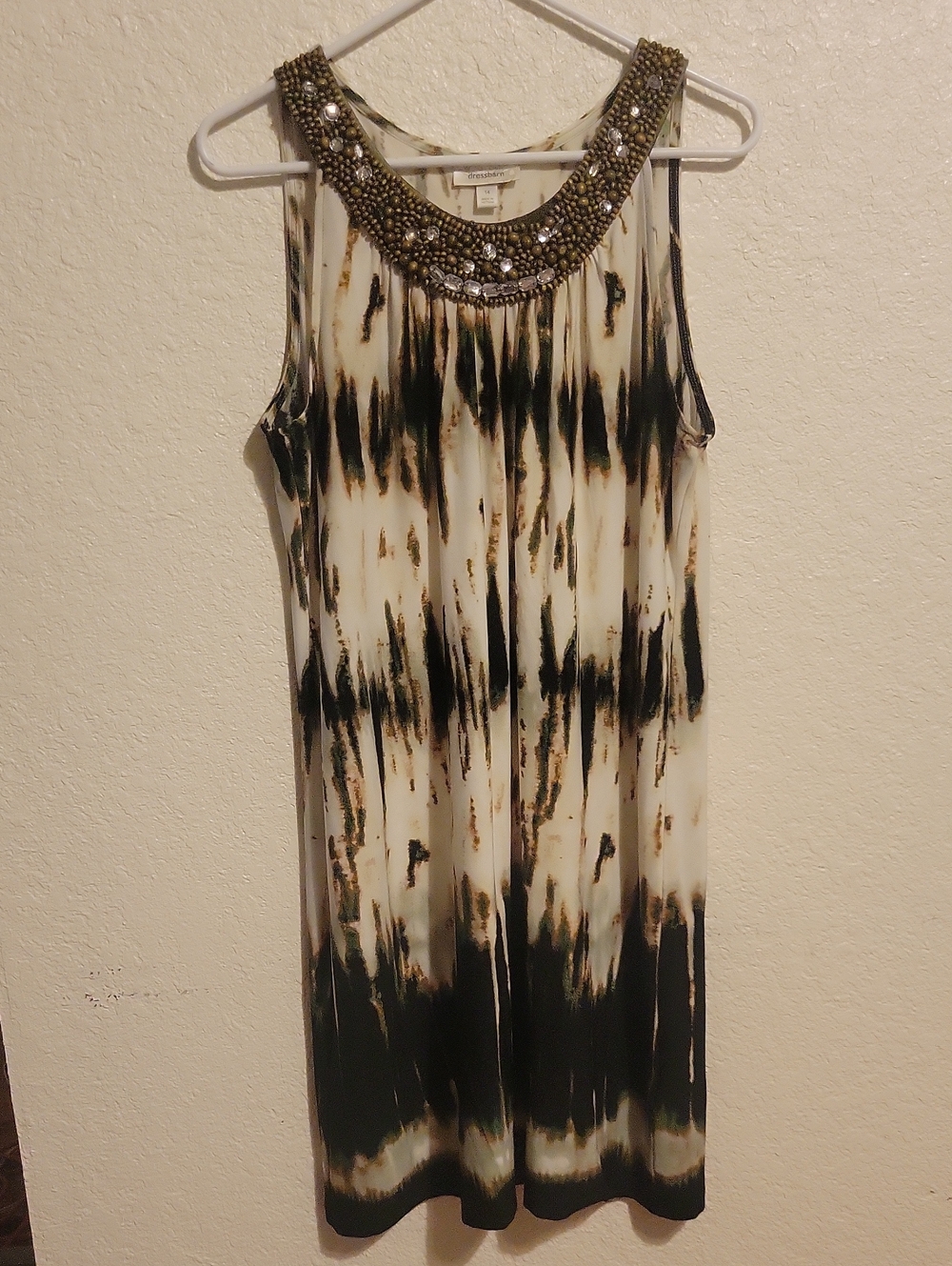 Dressbarn Beaded-Neck Tie-Dye Shift Dress - Black/Cream/Gold/Green